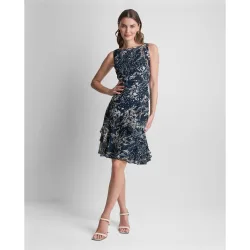 Vestido corto fluido de manga corta y volantes de mujer