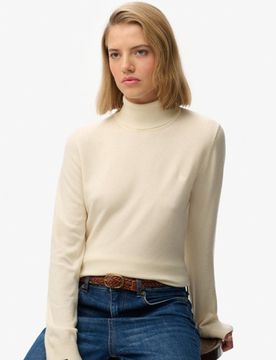 Superdry Damen Klassischer Rollkragenpullover Cream - Größe: 42