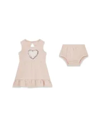 Abito smanicato rosa in misto cotone con logo a cuore in paillettes