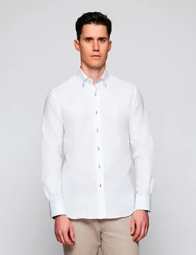 Camisa de hombre casual blanca detalles azules Tallas Grandes - Mirto - FashionsVida