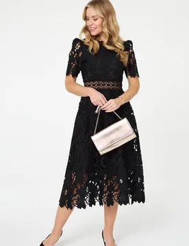 Semi Sheer Lace Layer Midi Dress - Black - Size: 16 - Izabel London - FashionsVida