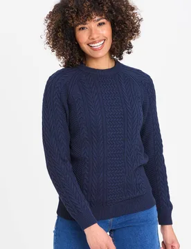 Women's Cotton Textured Cable Crew Neck Jumper in Navy Size: Medium - Navy - Size: M - Cotton Traders - FashionsVida