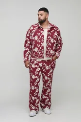Herren Plus Blumen-Tapisserie Oversized Overshirt Red Größe 2XL
