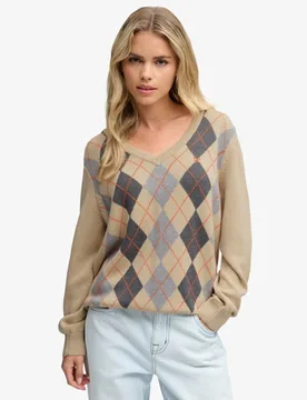 Superdry Damen Argyle-pullover mit V-ausschnitt Lockere Passform Beige - Größe: 36 - 74.99 - FashionsVida