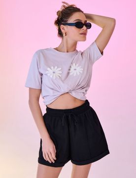 Pantaloncini in cotone con cuciture - nero
