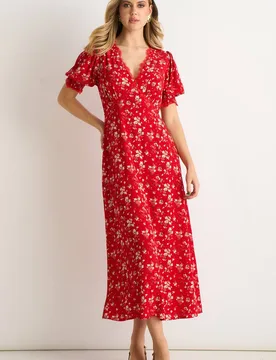 Women's Red Viscose Lace Trim Midi Dress Size: 14 - Red - Size: 14 - Gini London - FashionsVida