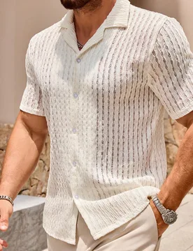 Camisa de manga corta de punto con cuello mao y botones para hombre - Shein - FashionsVida
