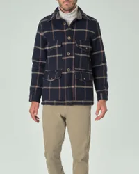 Cappotto in panno di lana blu a quadri color noce
