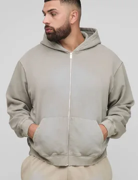 Men's Plus Oversized Boxy Spray Wash Zip Through Hoodie Taupe Size 3X-Large Taupe 3XL - boohooMAN - FashionsVida