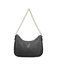 Borsa a spalla nera a mezzaluna in nylon con logo frontale e necessarie in coordinato