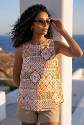 Patchwork Geometric Vest Top - Camel - Size: 20