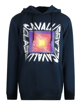 Mens Asymmetric Box Design Navy Blue Hoodie Cotton - Size Medium - Cavalli Class - FashionsVida