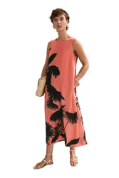 Leila Palm Midi Dress - Coral - Size: 16