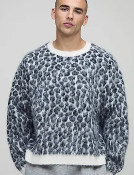 Men's Oversized Boxy Brushed Animal Knitted Jumper White Size Small White S - boohooMAN - FashionsVida