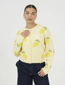 Womens Yellow Soft Touch Lemon Jacquard Knit Cardigan - Size Medium - Brave soul - FashionsVida