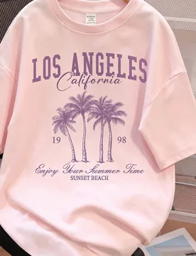 Camiseta de punto blanca oversize con estampado en inglés de árbol de coco y Los Ángeles, estilo minimalista y casual de vacaciones, adecuada para - Shein - FashionsVida