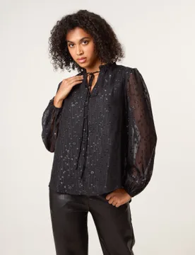 Jacquard Button And Tie Front Blouse - 14 / BLACK - female - Blue Vanilla - FashionsVida