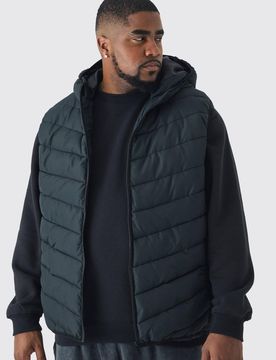 Herren Plus Gesteppte Durchgehend Reißverschluss Kapuzen Regular Fit Weste In Schwarz Black Größe 2XL