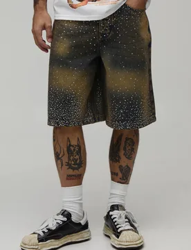Men's Clustered Rhinestone Tinted Denim Jorts Antique Blue Size 40 Antique Blue 40 - boohooMAN - FashionsVida