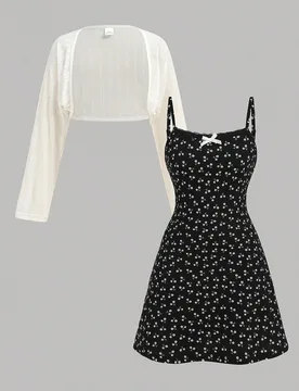 Set de 2 piezas para adolescentes: Camiseta corta de punto blanca y vestido negro con lazo floral, casual y cómodo para vacaciones, otoño - Shein - FashionsVida