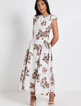 Womens Petite Printed Ottoman Twill Cap Sleeve Midi Dress - Chocolate - Size 18 Uk - Wallis - FashionsVida