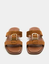 Suede Buckle Flat Mule Sandals Tan female