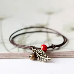 Ceramic Beaded Bracelet Bangle Rope Chain Vintage Leaf Pendant Couple Bangle Bracelets Retro bracelet Jewelery wholesale