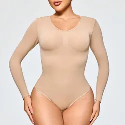 Body de mujer de unicolor con cuello redondo y manga larga ajustado