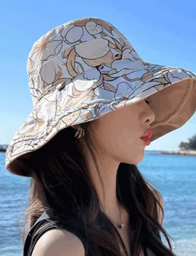Sombrero de cubo reversible con estampado floral para mujer, protección solar de verano, sombrero de sol de ala ancha con cuerda a prueba de viento p - Shein - FashionsVida