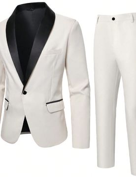 Conjunto de traje formal para hombre con blazer de manga larga y cuello de chal de color contrastante y pantalones, para ceremonia