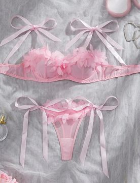 Piezas Conjunto de lencería sexy para mujer, Sujetador de malla rosa con encaje 3D floral exagerado, Diseño con cordones, Adecuado para el Día de S