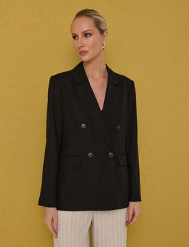 Blazer doppiopetto regular fit in viscosa con mix di lino - nero