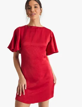 Womens Tie Back Angel Sleeve Mini Dress - Red - Size 16 Uk - Boohoo - FashionsVida