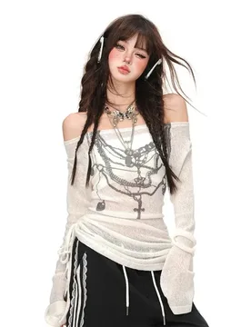 Women T Shirts Y2k Print Slash Neck Long Sleeve Tees Ropa Mujer Off Shoulder Drawstring Tunic Tshirt See Through Sexy T-shirts - Aliexpress - FashionsVida