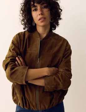Suede Bubble Hem Relaxed Bomber Jacket Dark Khaki female - Per Una - FashionsVida