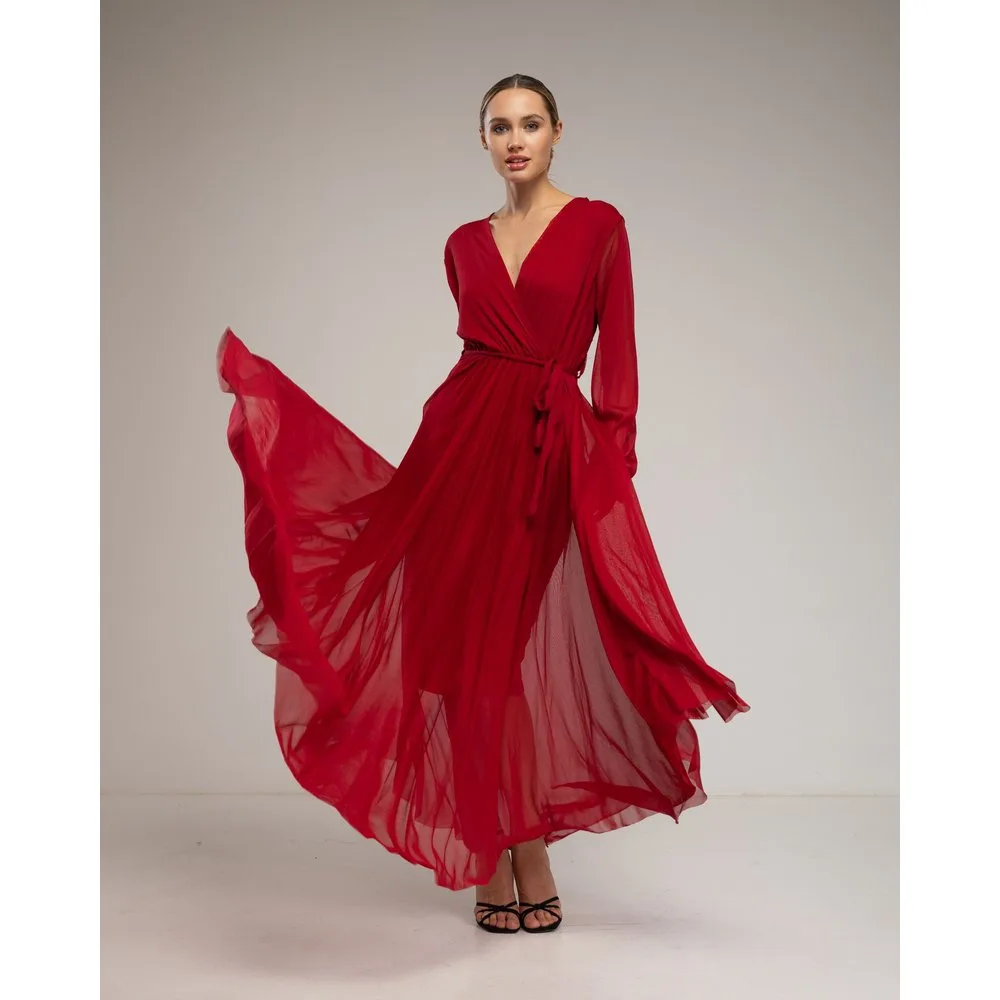 Vestido de tul largo de capas con cuello pico - Tantra - FashionsVida