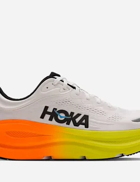 Men's Bondi 9 Road Running Shoes in White/Neon Tangerine, Size 7.5 W - HOKA - FashionsVida