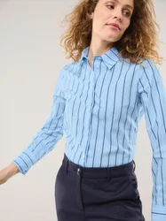 Hemdbluse aus Baumwolle gestreift, noch offen: Größenlauf, Farbe Blau, 36, reine Baumwolle mechanischer Stretch Damen