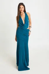 Womens Halter Neck Gold Trim Crop Top - Teal - Size 8 Uk