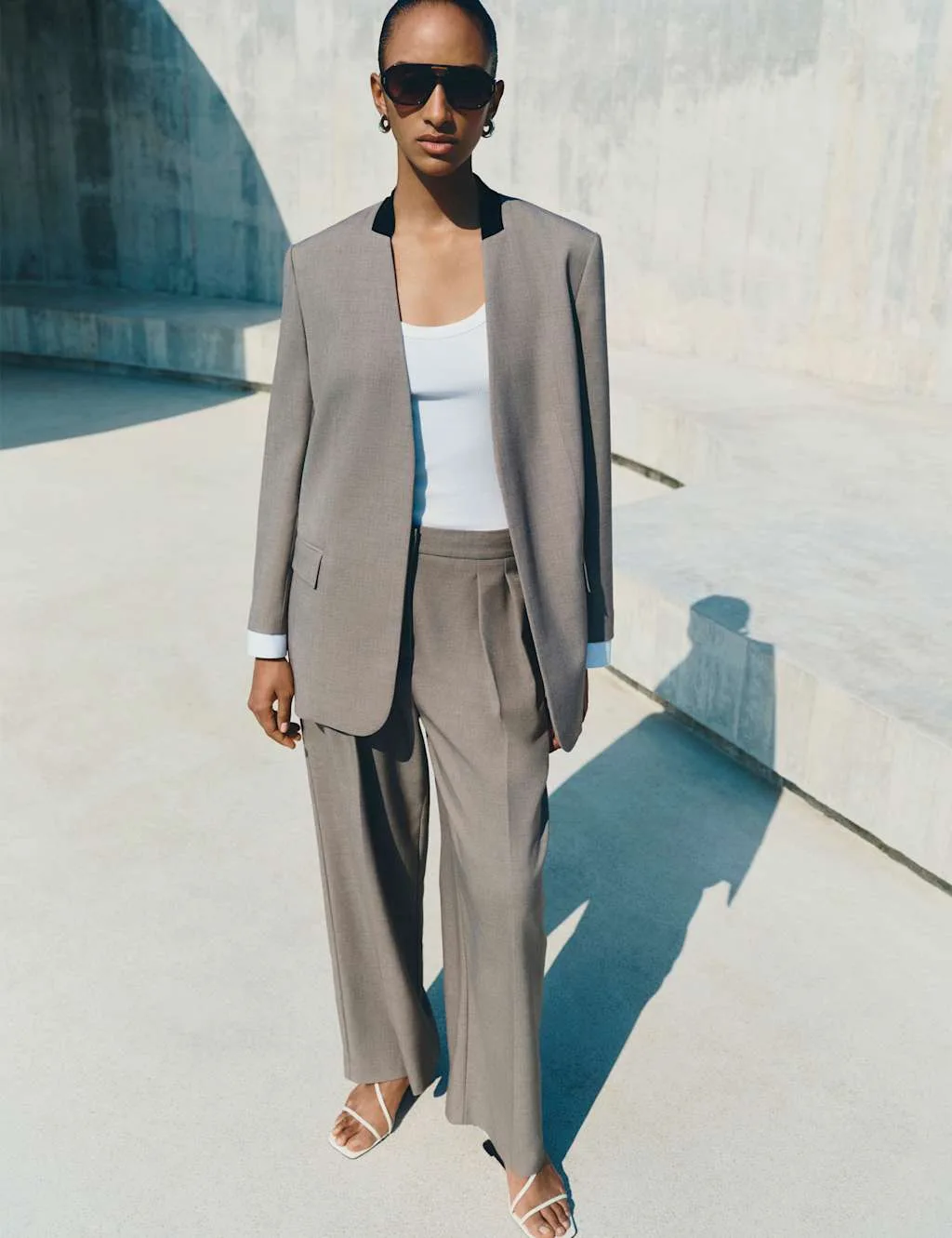 Pleated Wide Leg Trousers Light Grey female - M&S - FashionsVida