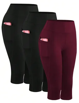 Set de 3 pantalones de yoga de talla grande con ajuste ceñido, cintura alta, estampado y bolsillos decorativos para estilizar la figura. Mallas depor - Shein - FashionsVida