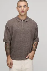 Herren Übergroßes Kastenförmiges Strick-Poloshirt Mit 1/4-Reißverschluss Aus Baumwollmischung Brown Größe Large