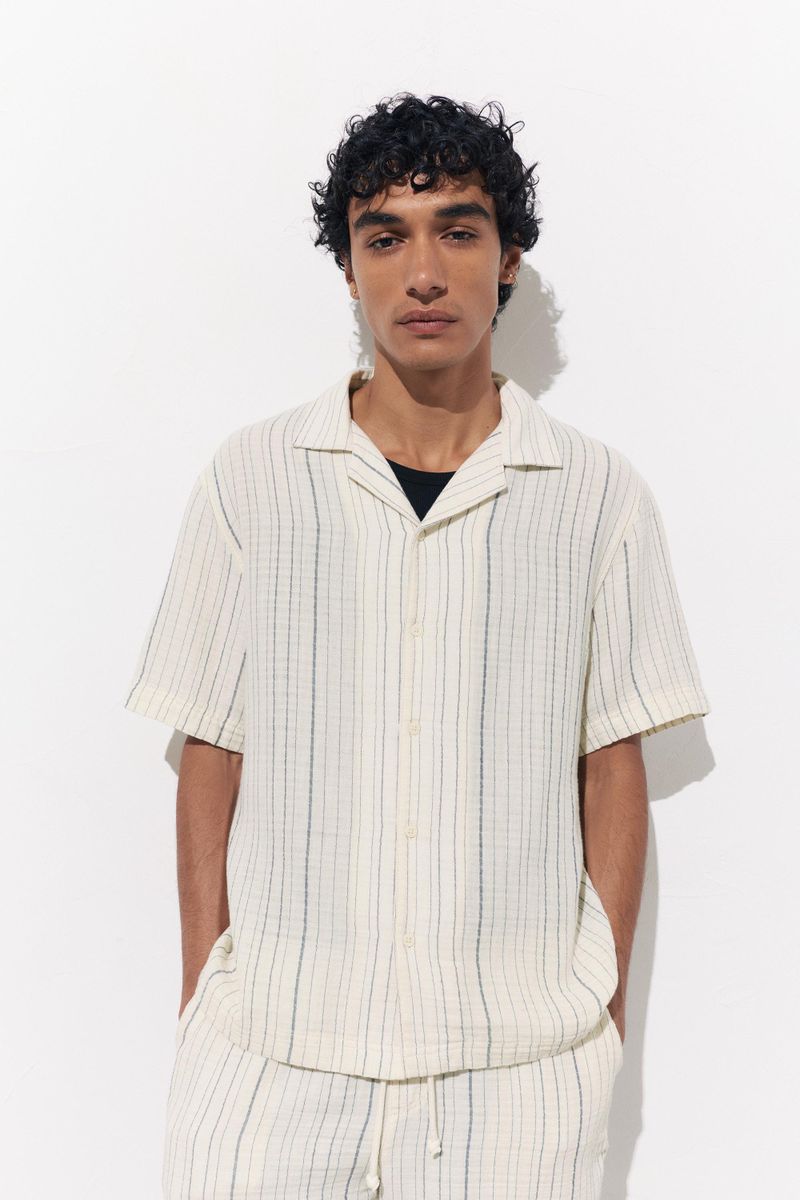 Camicia A Righe In Bambula A Maniche Corte