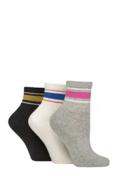 Women's 3 Pair Caroline Gardner Cotton Ribbed Sports Quarter Socks Grey / White / Charcoal 4-8 - Multi Coloured - Size: Small