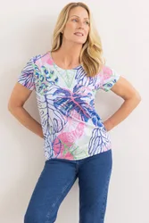 Embellished Garden Print Top - White - Size: L