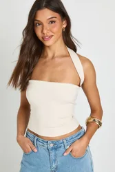 Womens Premium Stretch Contour Halterneck Corset Top - Beige - Size 14 Uk