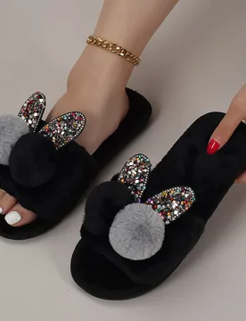 Pantuflas de mujer con decoración de lazo y pompón para otoño/invierno, con rhinestones, pantuflas abiertas de dedo a la moda para el dormitorio, p - Shein - FashionsVida