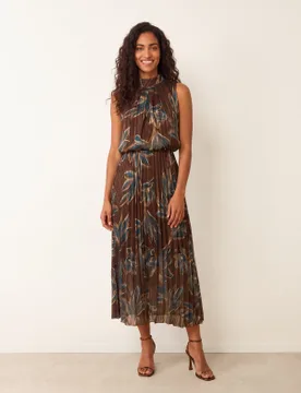 Sleeveless Cowl Neck Dress with Metallic - S / CHOCOLATE/TEAL - female - Blue Vanilla - FashionsVida