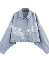 Dave&Di New Cross-border European And American Fashion Lace Short Denim Jacket Jacket