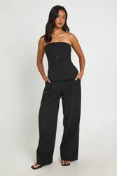 Womens Petite Pleat Detail Wide Leg Tailored Trousers - Black - Size 14 Uk